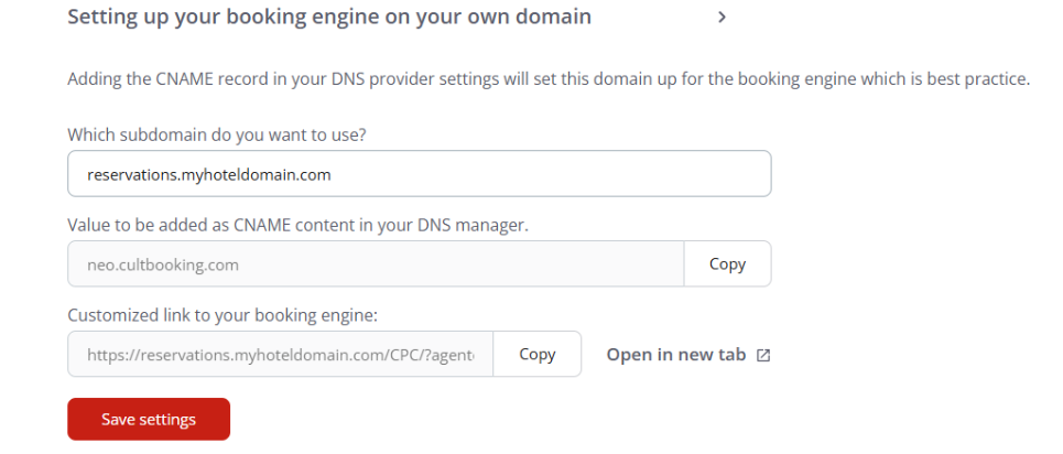 CultBooking Extranet settings for a customised booking subdomain and CNAME record