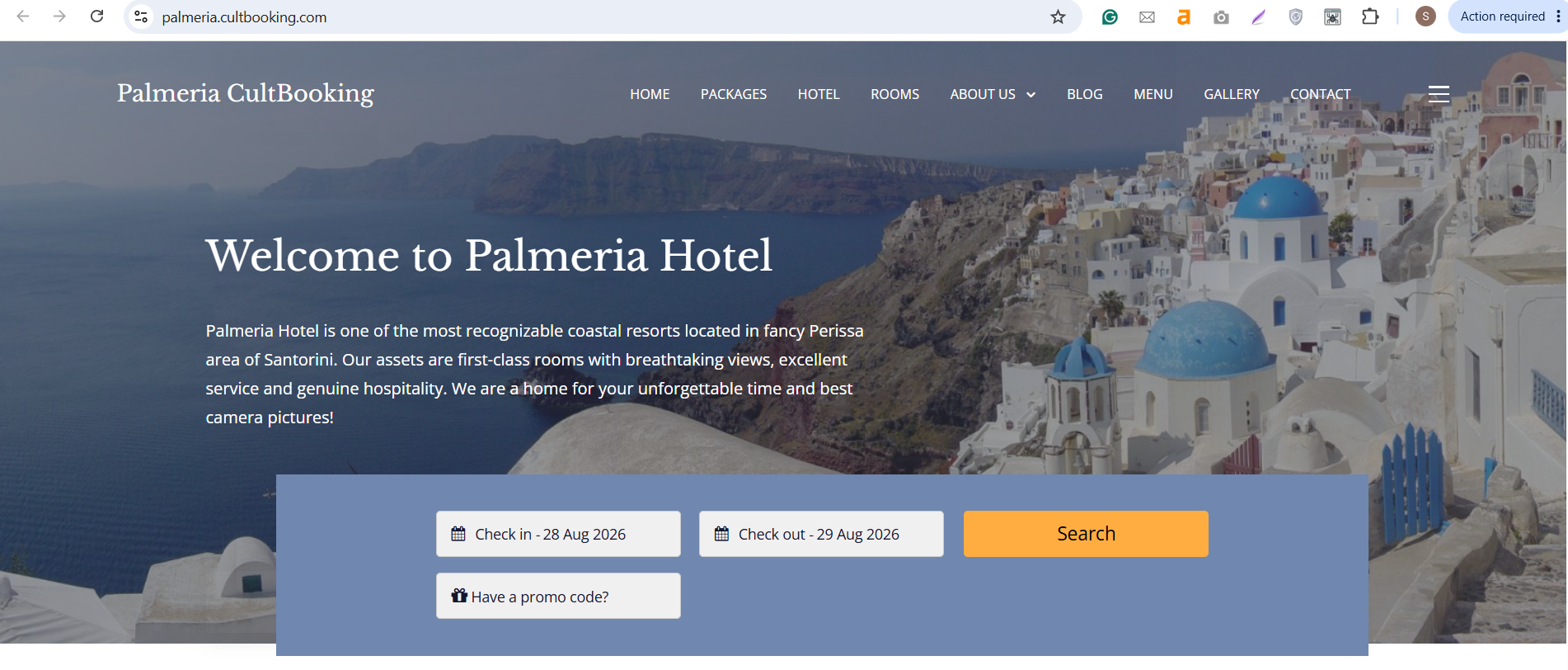 CultBooking date search embedded in a Wix hotel website