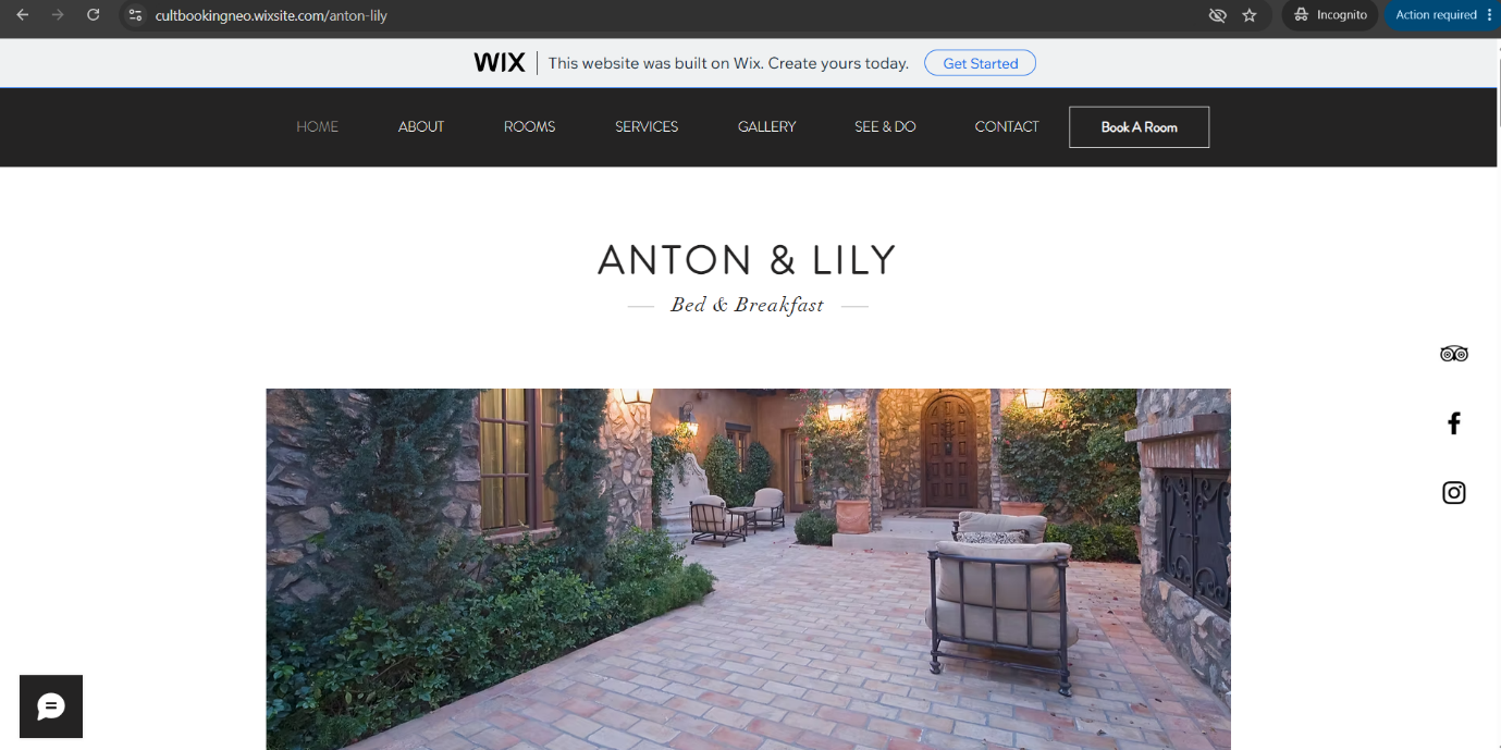 Wix hotel website with a Book a Room button in the main navigation